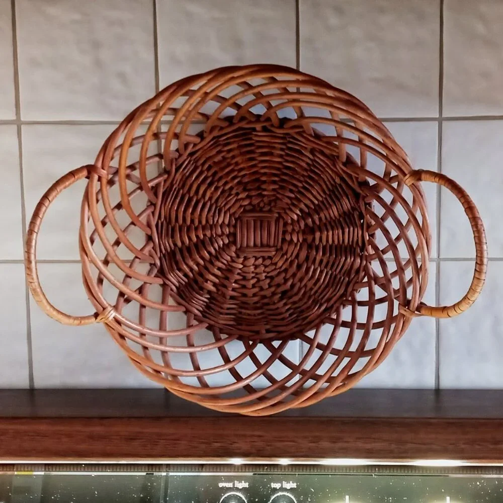 Vintage Boho Chic Wicker Rattan Bowl Basket Farmhouse Rustic Decor w/Handles